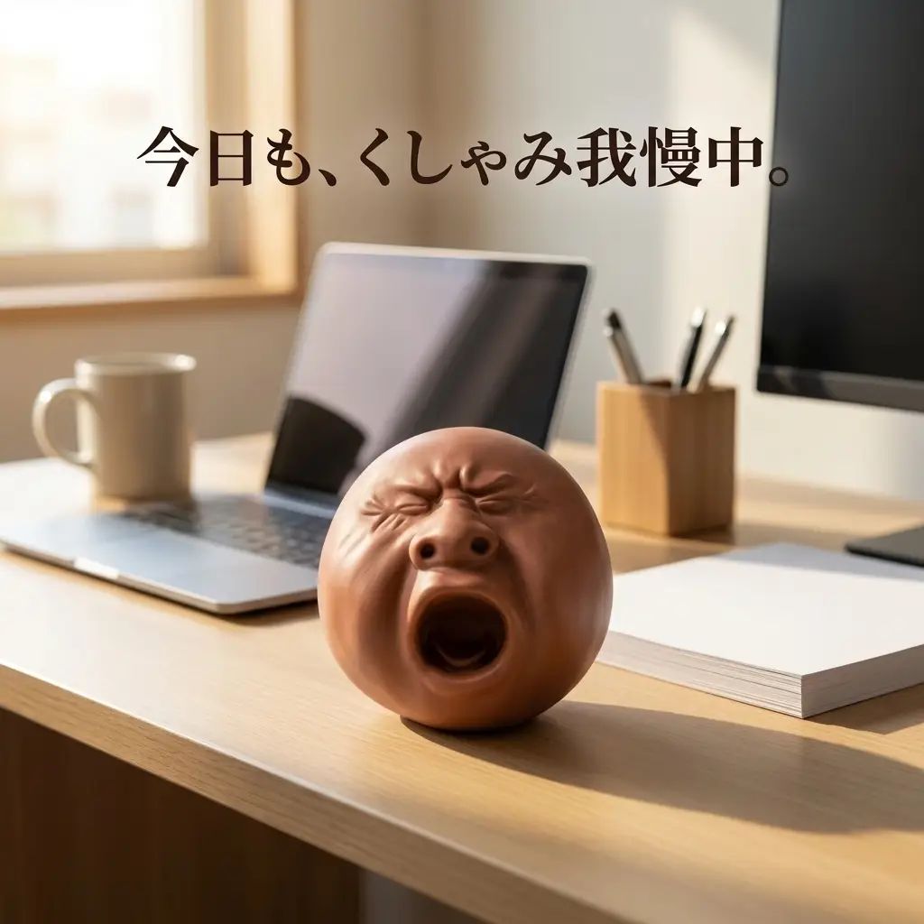 ノートパソコンとマグカップのあるデスクに置かれたくしゃみ顔スクイーズ