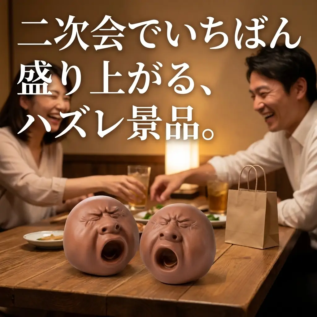 居酒屋のテーブルに二個並べられ、大人が笑っている景品シーンの画像