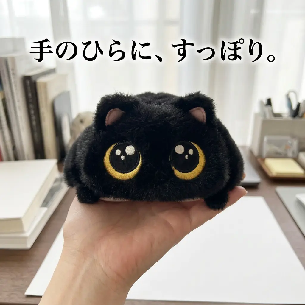 黒猫の香箱ねこを手のひらにのせた大きさの写真