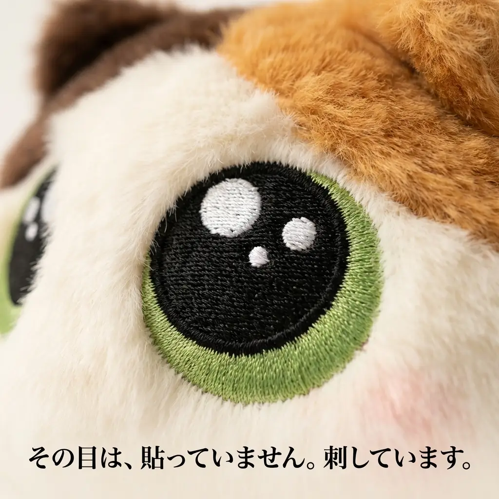 刺繍でつくられた大きな目のアップ