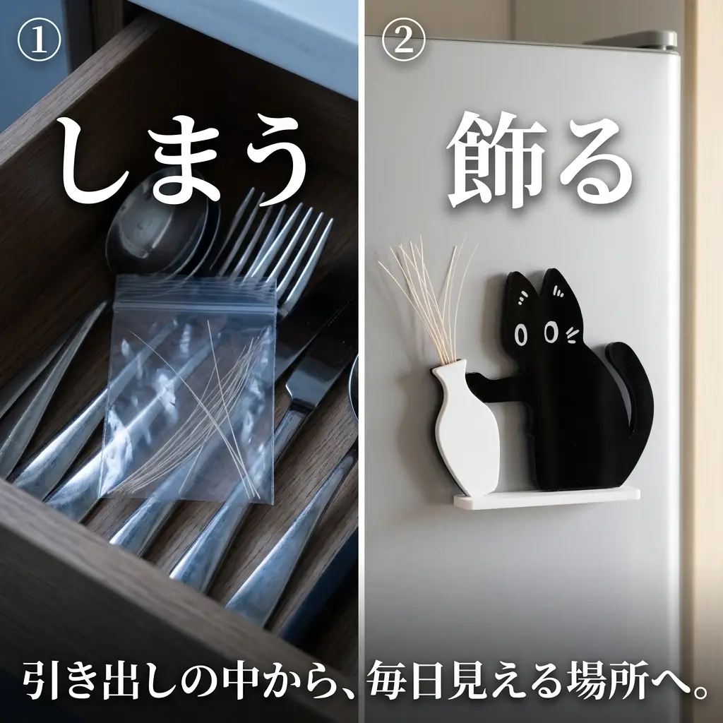 左は引き出しの中のジップ袋に入ったひげ、右は冷蔵庫に飾られたひげ飾りの比較。
