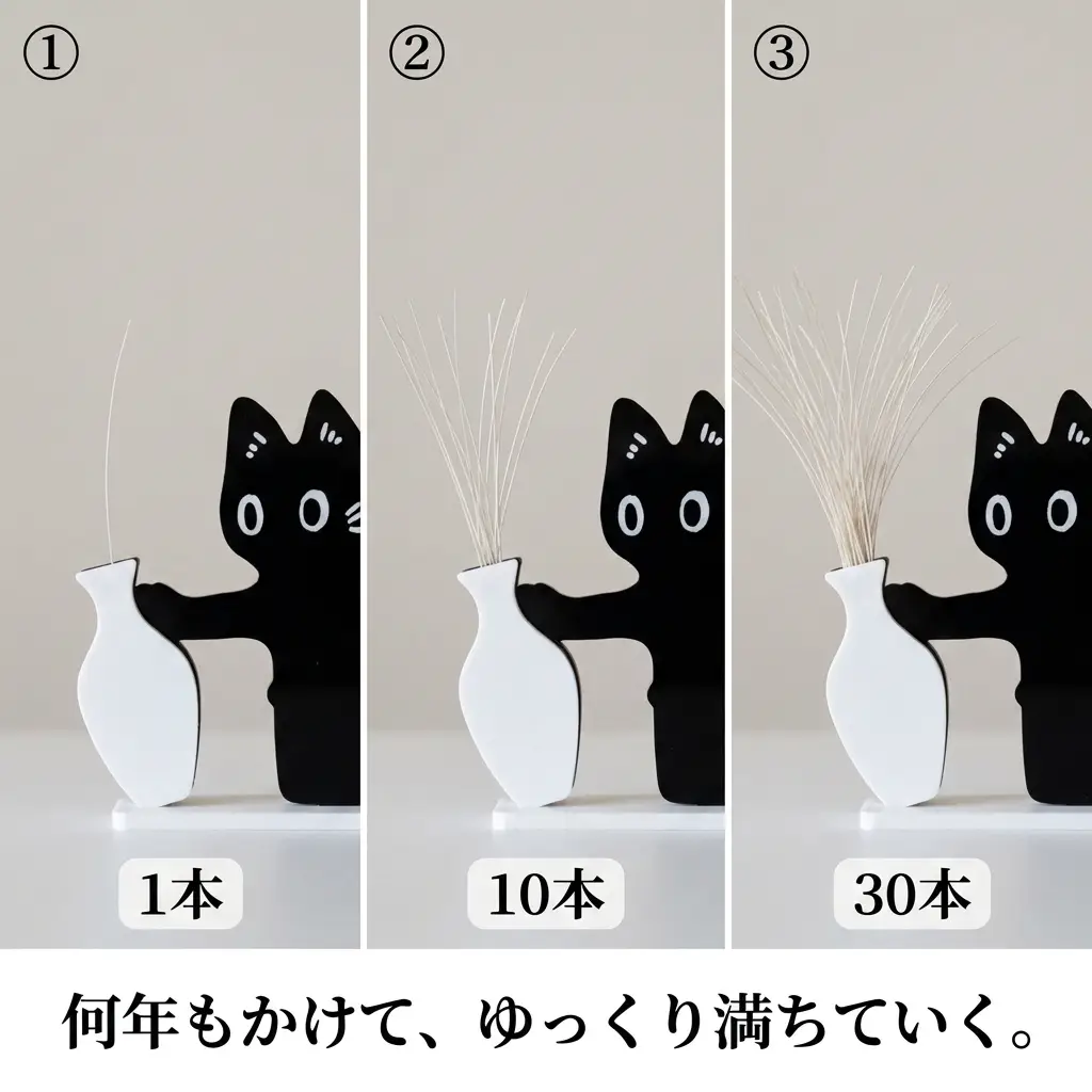ひげが1本、10本、30本と増えていく様子を並べた三つの写真。