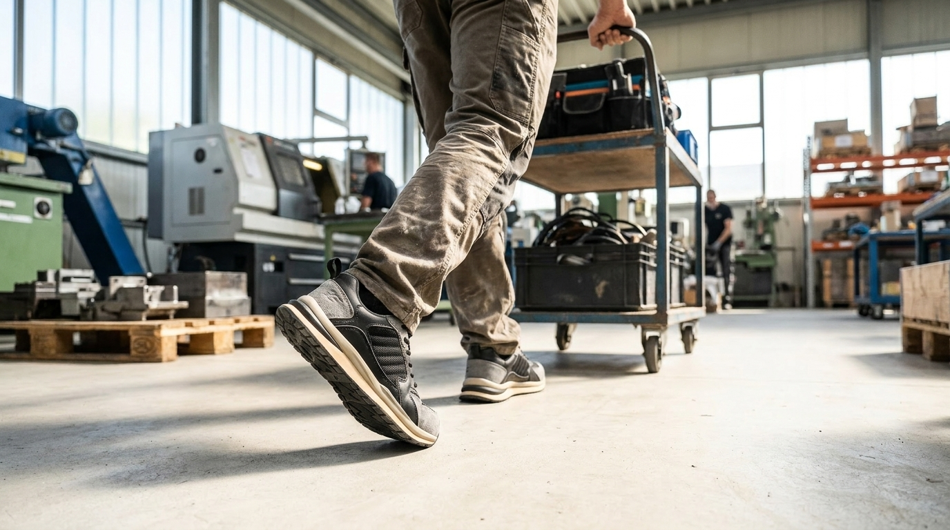 Someone wearing Shraks safety sneakers on a work floor
