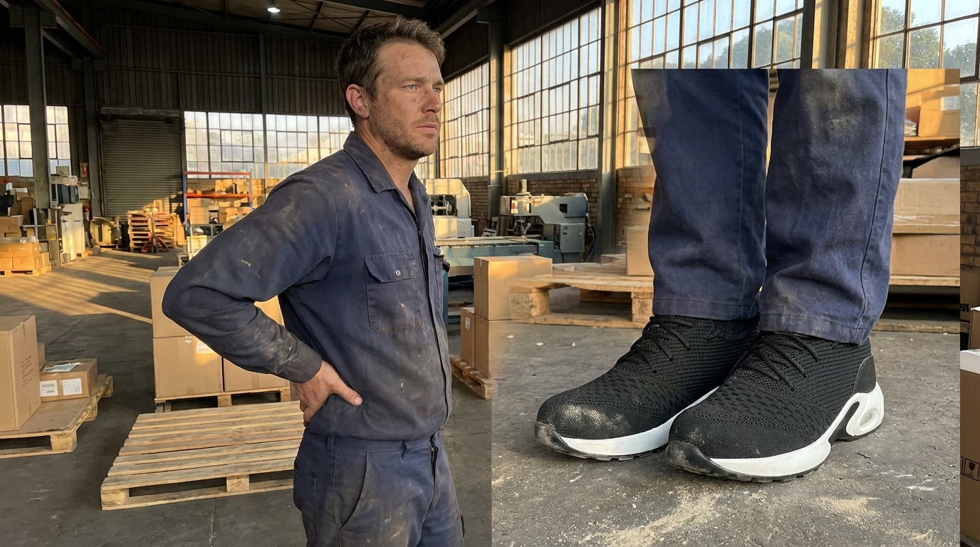Man at the end of a long shift, hand on his lower back, wearing Shraks safety sneakers