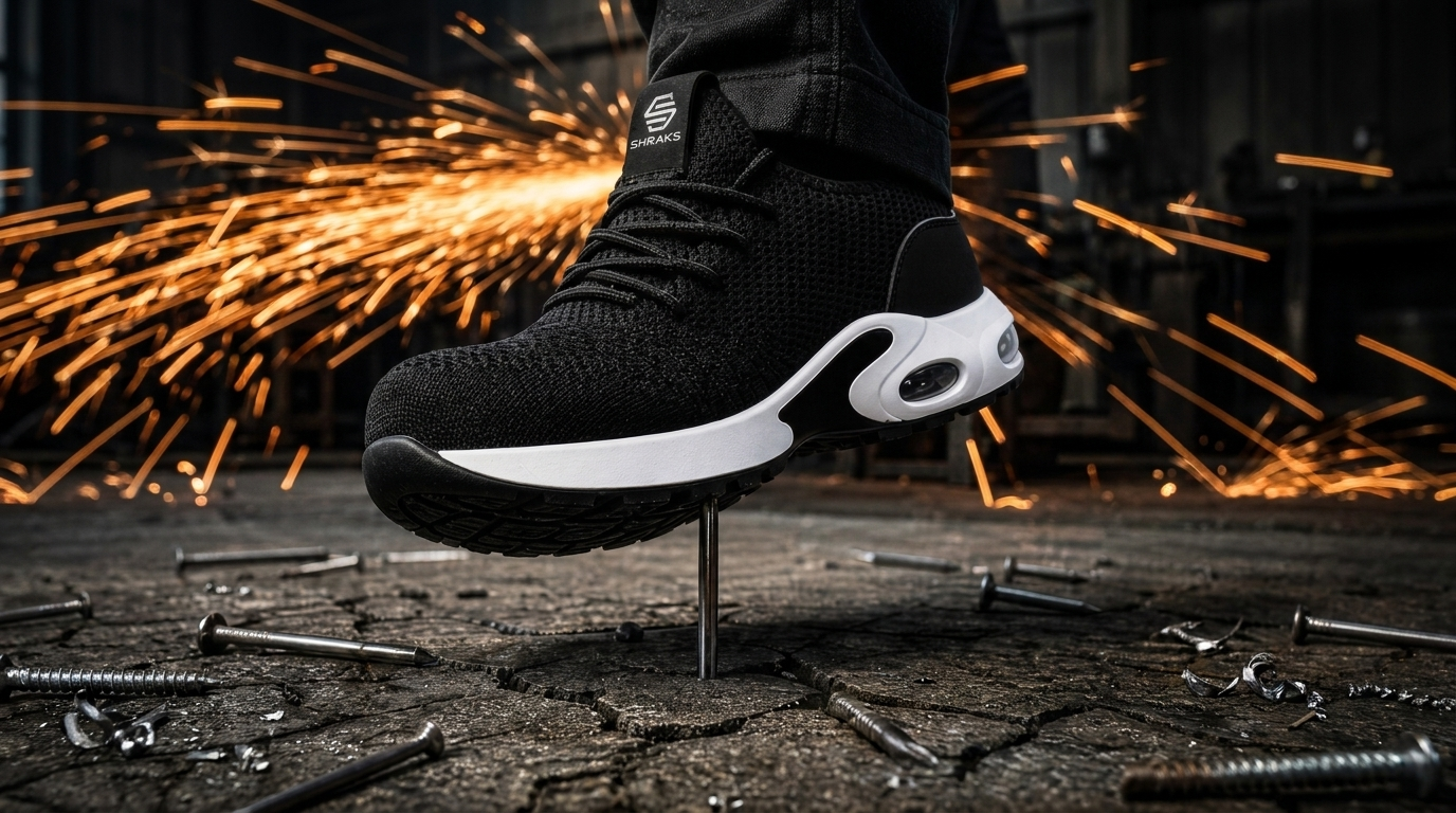 Shraks safety sneaker stepping near workshop hazards with welding sparks in the background