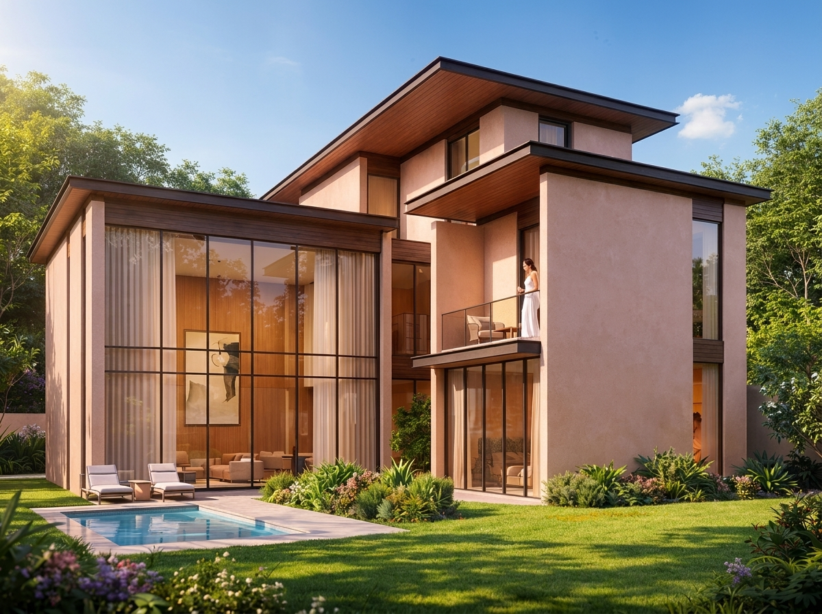 Villa estate de Sobha City à Abu Dhabi, façade avec piscine privée et jardin paysager