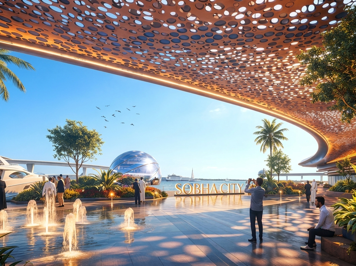 Pavillon et promenade au bord de l'eau de Sobha City avec fontaines et vue sur la marina