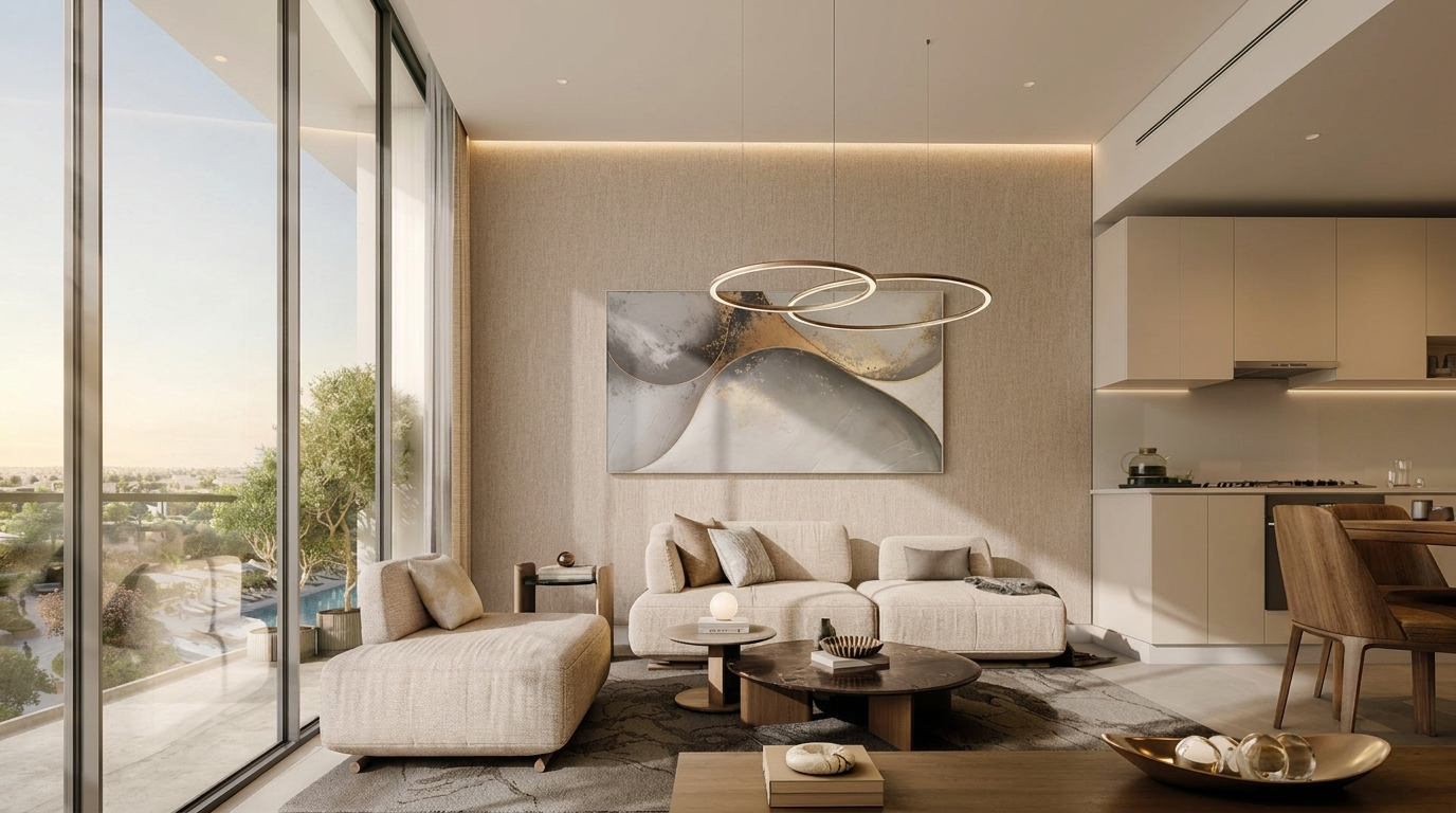 Salon intérieur d'un appartement de Sobha City avec baies vitrées, mobilier design et vue sur l'eau