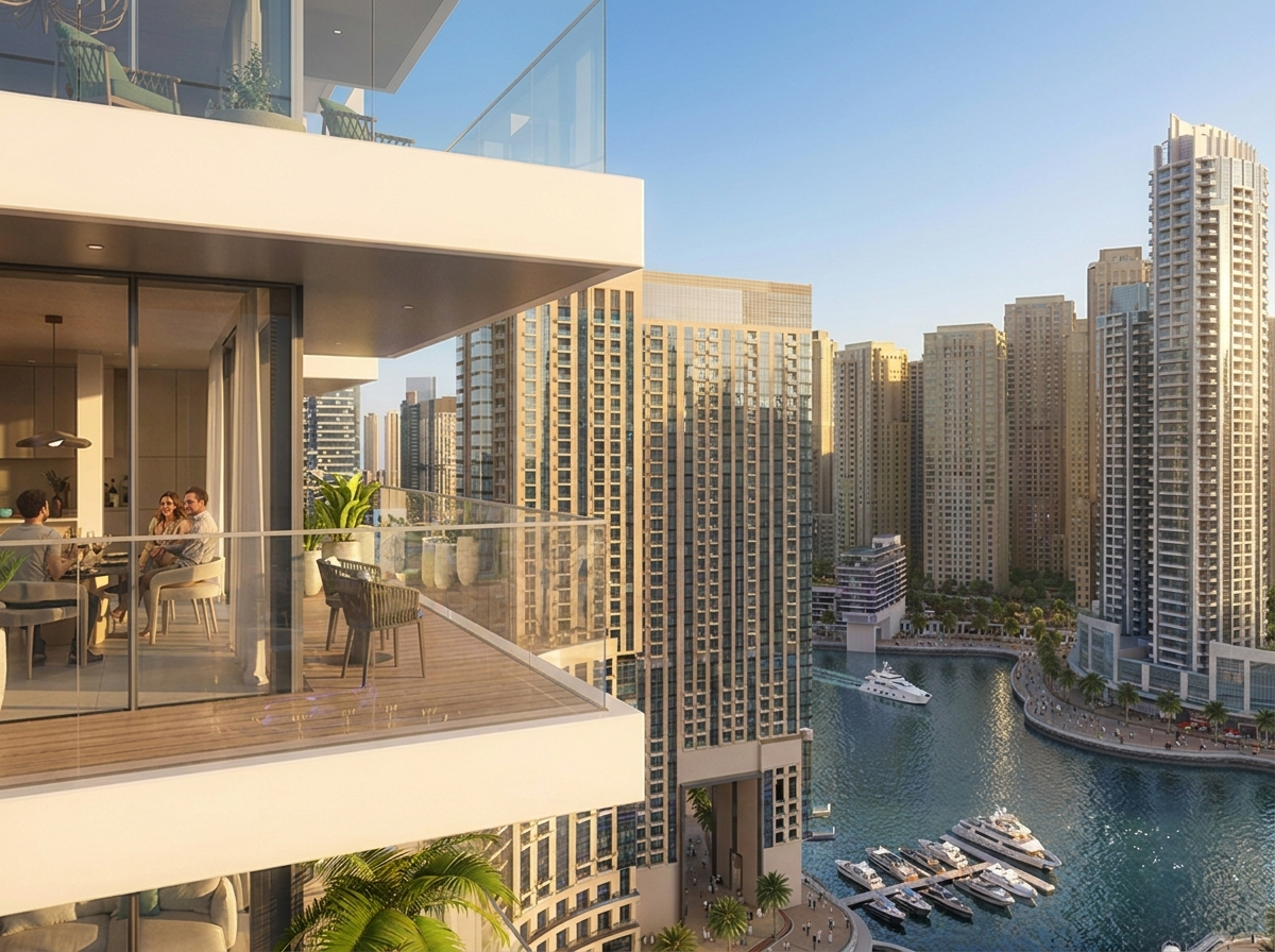 Façade extérieure de la tour Marina Cove signée Emaar à Dubai Marina, vue de jour