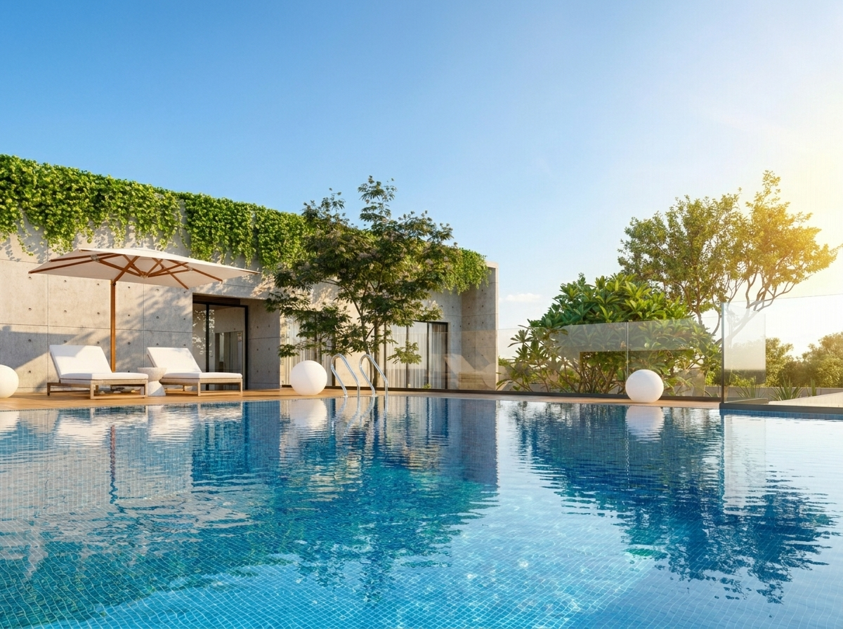 Piscine à débordement et terrasse paysagère avec vue sur la marina, dans le style des équipements de Marina Cove