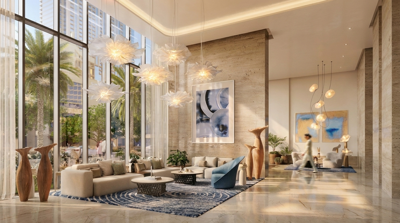 Salon moderne d'un appartement type Marina Cove, lumière naturelle et finitions haut de gamme