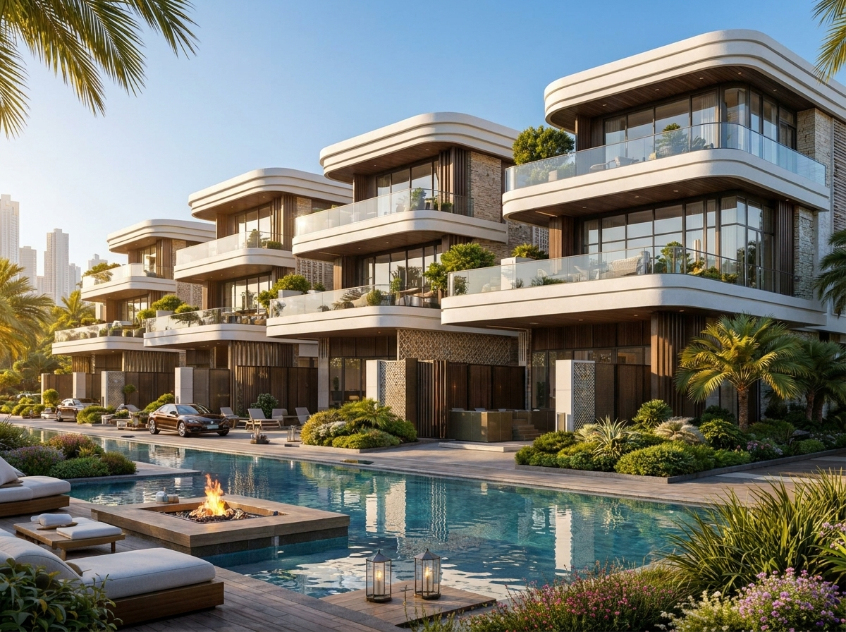 Villa moderne de Tilal Binghatti avec piscine privée éclairée, grandes baies vitrées et palmiers en soirée
