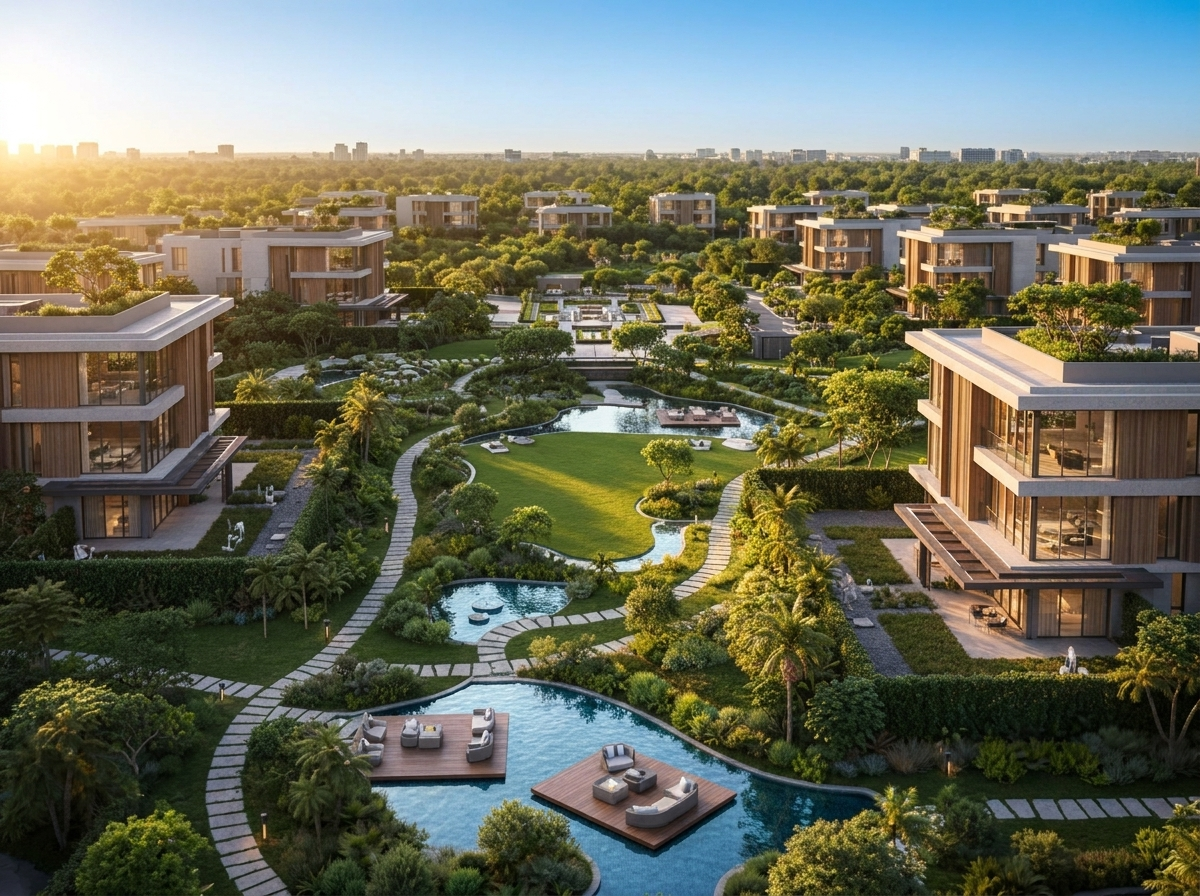 Vue aérienne de la communauté Tilal Binghatti avec jardins paysagers et bassins entre les villas