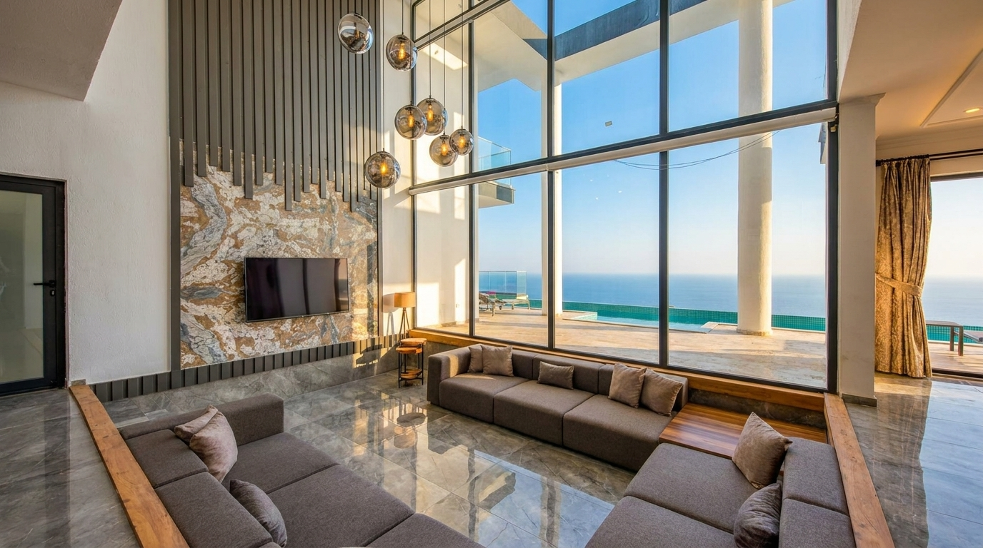 Salon moderne d'une villa Tilal Binghatti avec grandes baies vitrées, mobilier contemporain et lumière naturelle