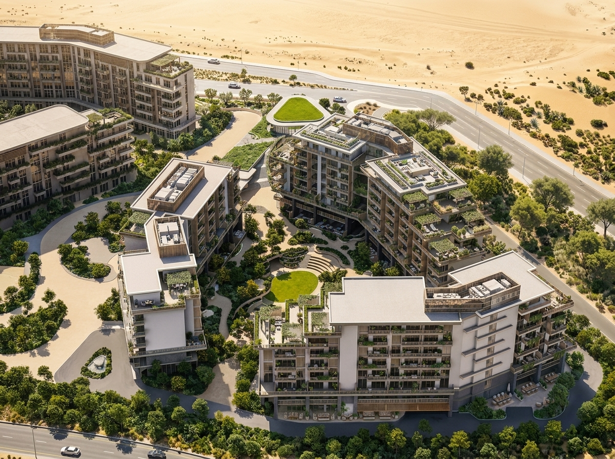 Vue extérieure recréée des bâtiments bas d'Arancia Yards, façades contemporaines entourées de végétation