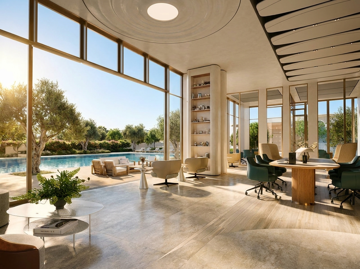 Vue recréée du bassin lagon et de la terrasse piscine d'Arancia Yards entourés d'espaces paysagers
