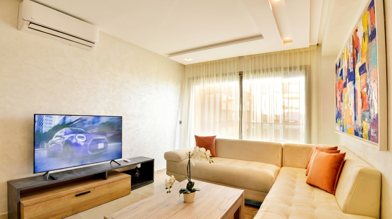Intérieur recréé d'un salon lumineux de style appartement moderne à Dubai, dans l'esprit des finitions Beyond