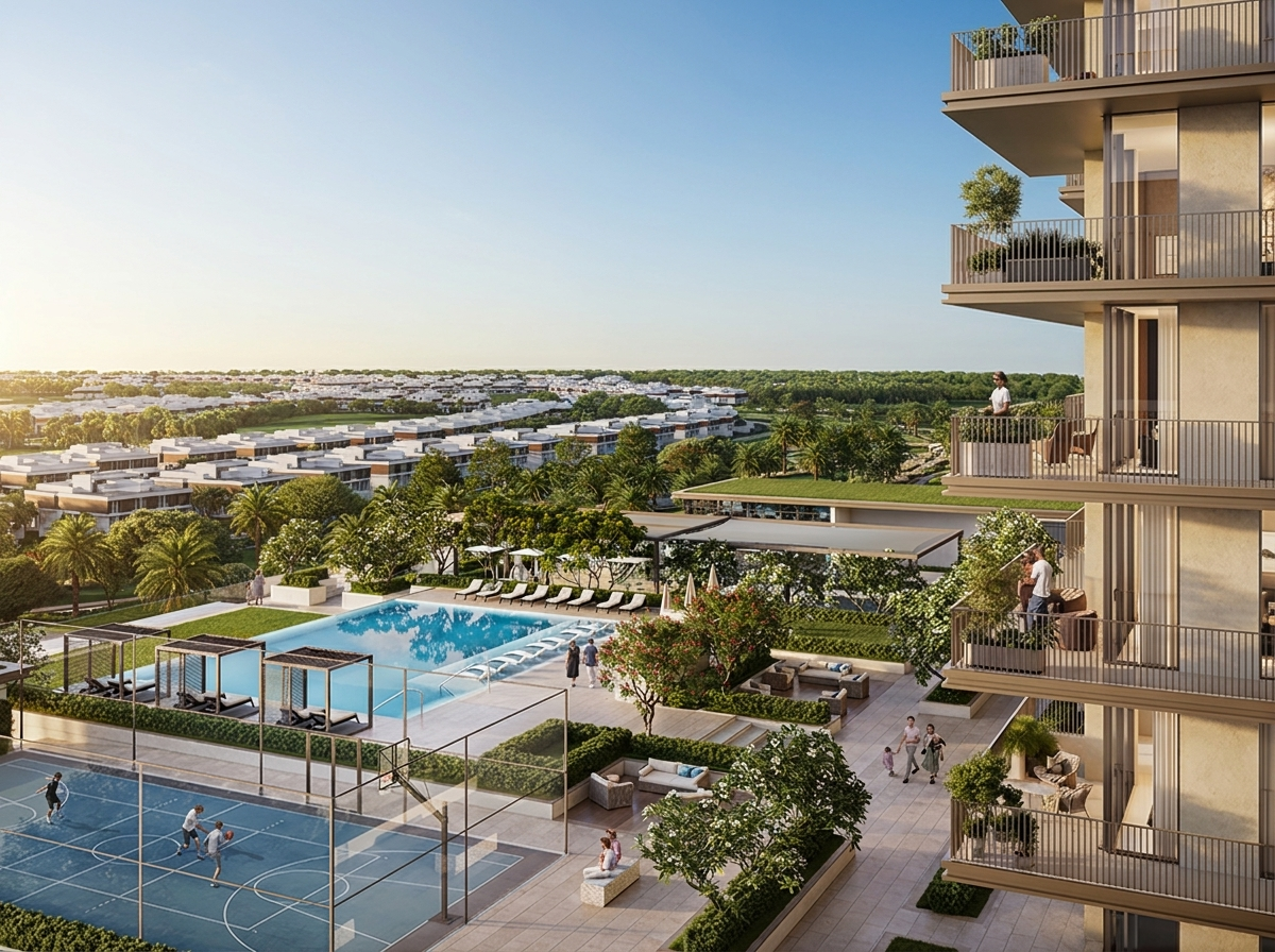 Façade extérieure de la tour résidentielle Greencrest à Dubai Hills Estate, architecture contemporaine avec larges balcons