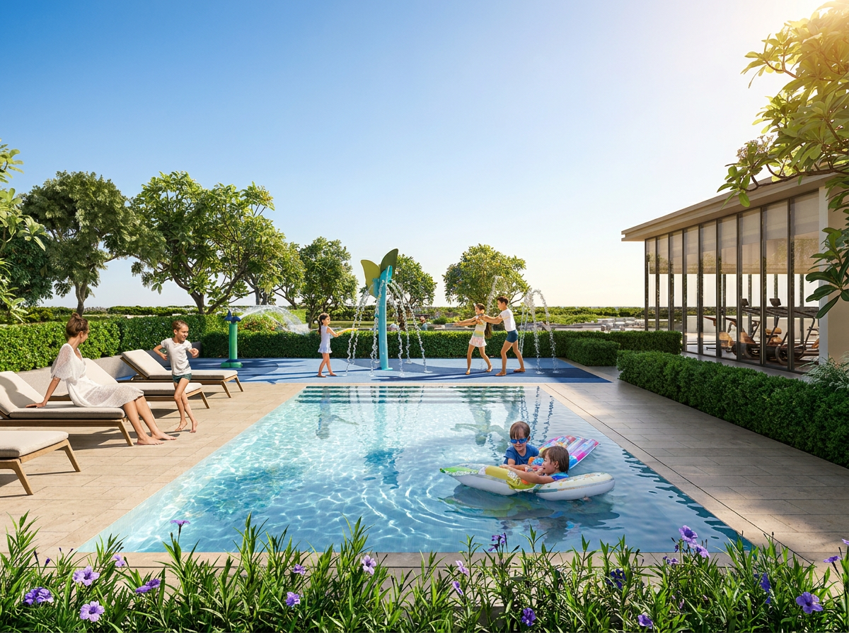 Espace extérieur paysager et terrasse commune de Greencrest avec vue sur les espaces verts de Dubai Hills Estate