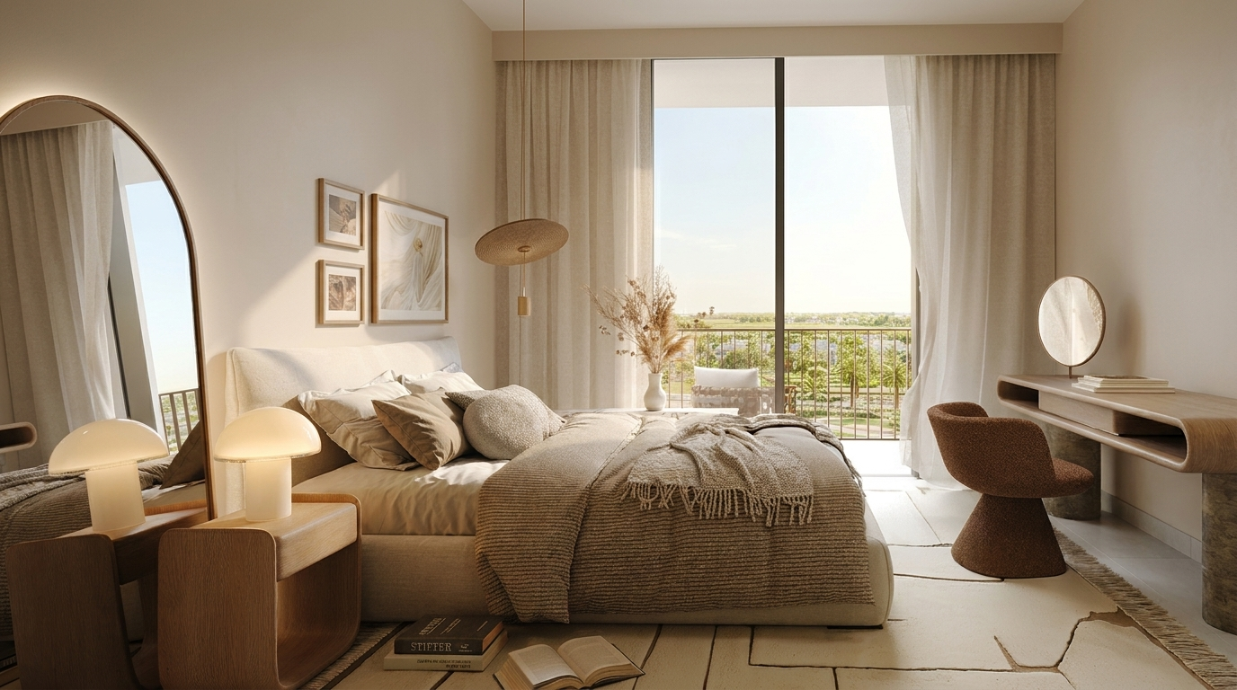 Salon lumineux d'un appartement Greencrest avec tons neutres, aménagement moderne et ouvert sur cuisine