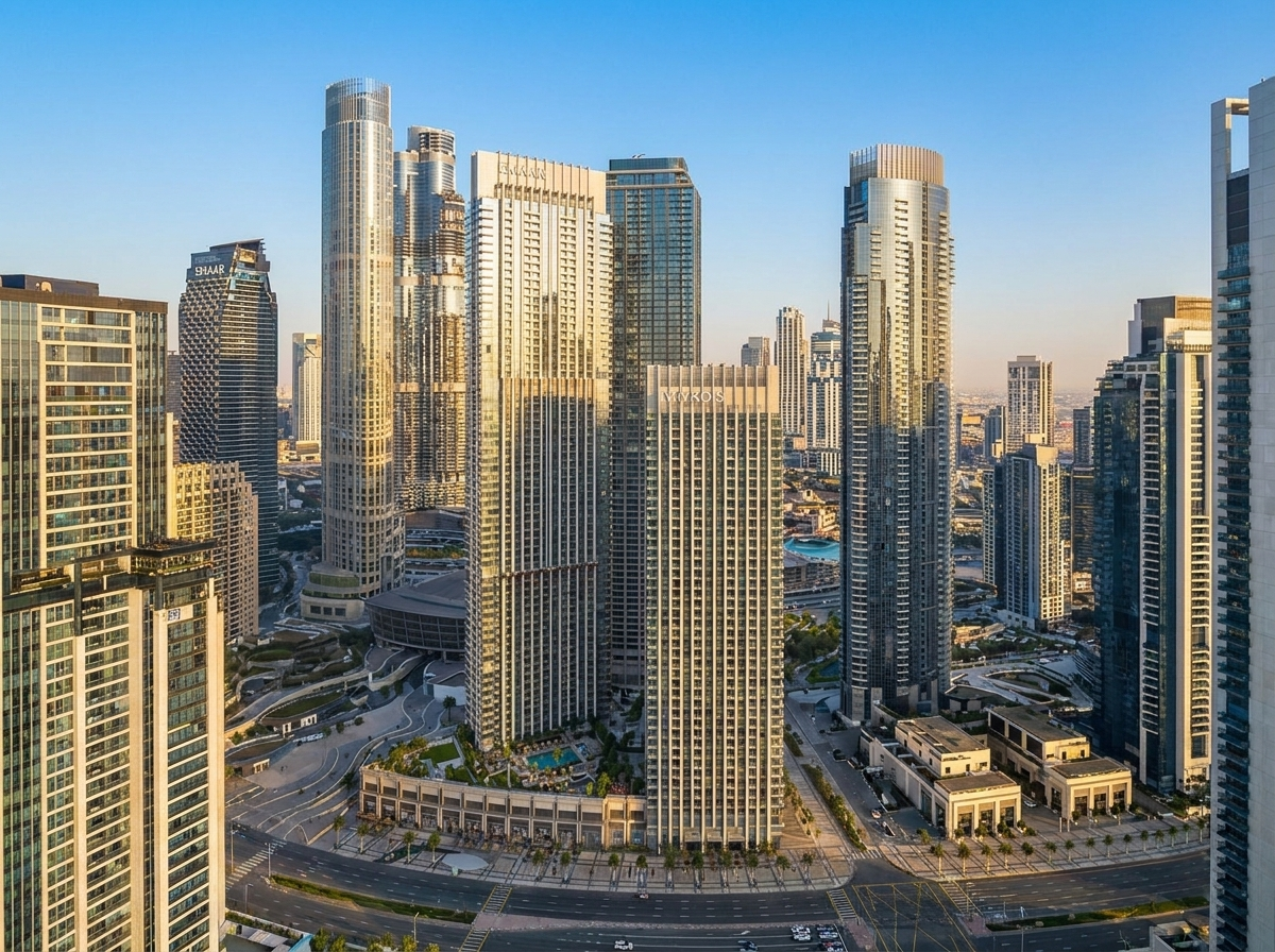 Vue extérieure des tours jumelles de St. Regis Residences à Downtown Dubai