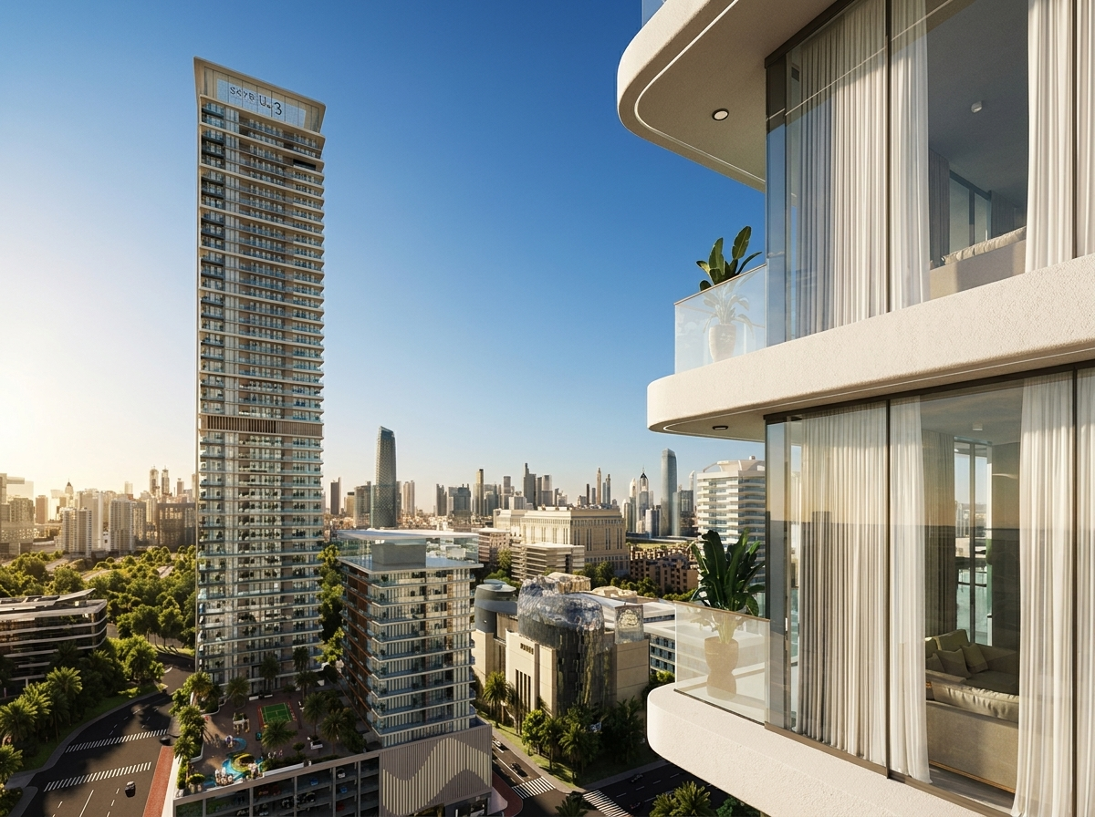 Vue extérieure des tours de Sky Hills Residence 3 par HRE Development à JVC