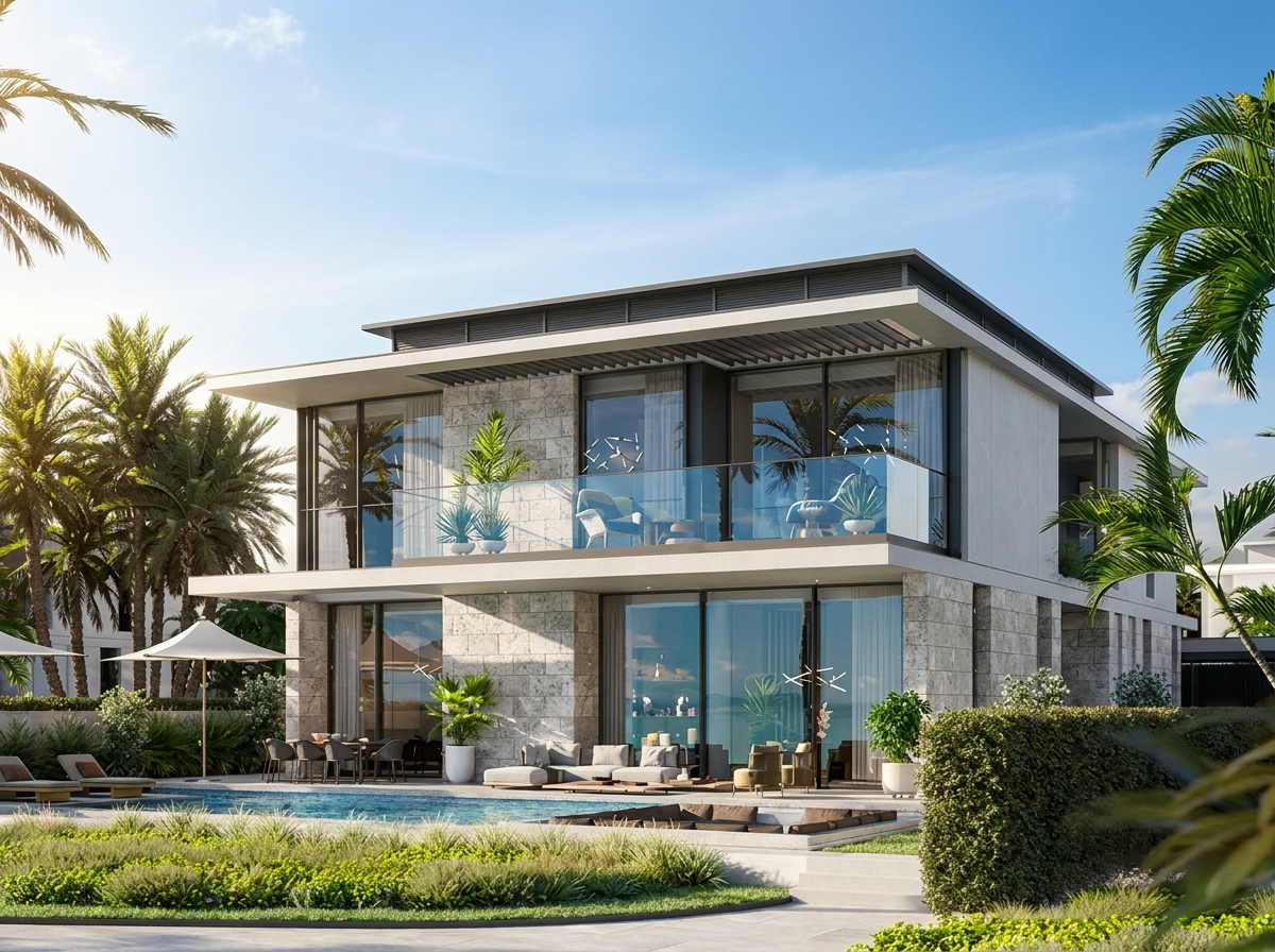 Façade extérieure d'une villa Bay Villas sur Dubai Islands, architecture contemporaine sous ciel bleu
