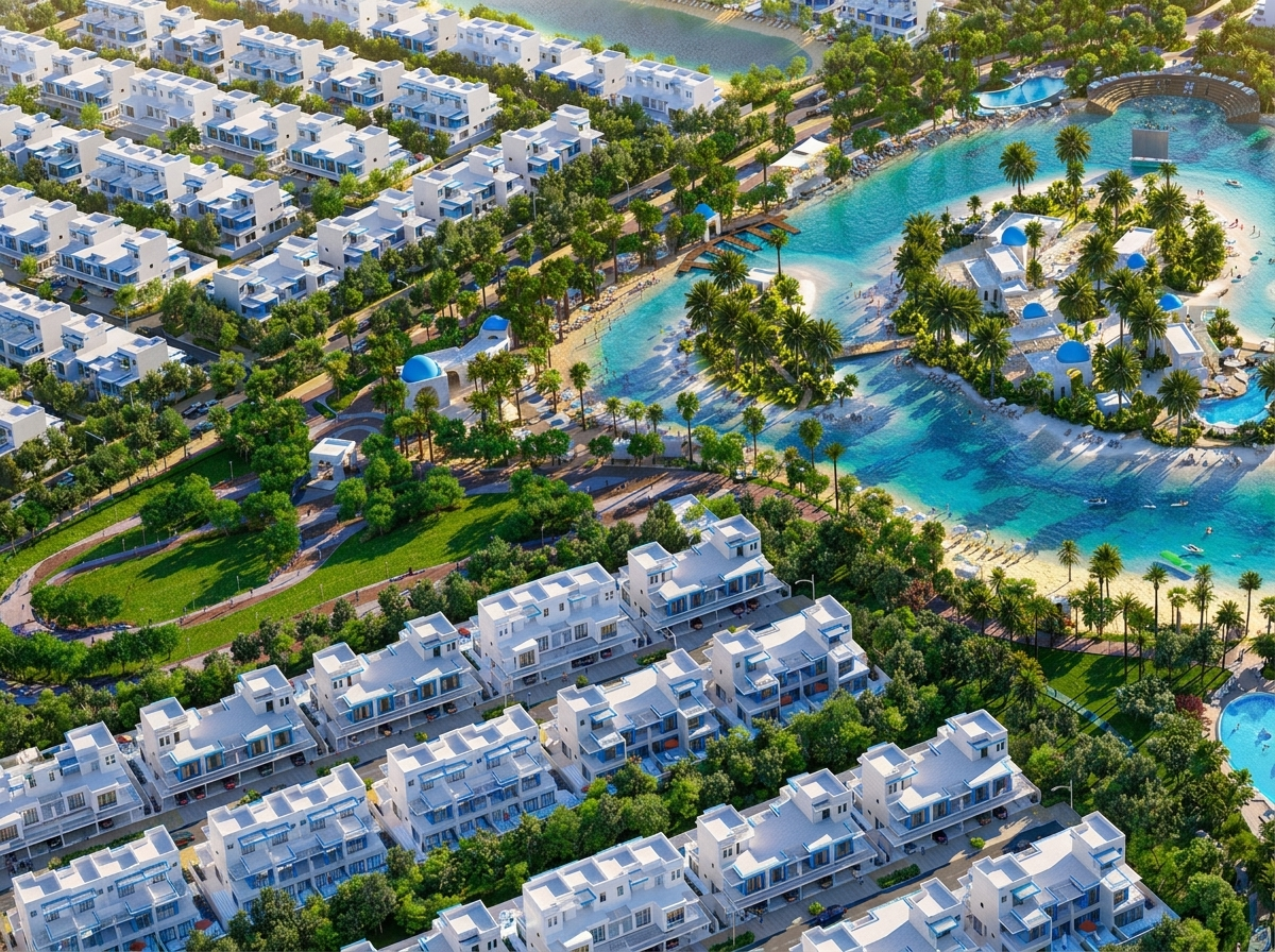 Vue aérienne des townhouses du cluster Antigua à DAMAC Islands 2, toitures et allées bordées de végétation