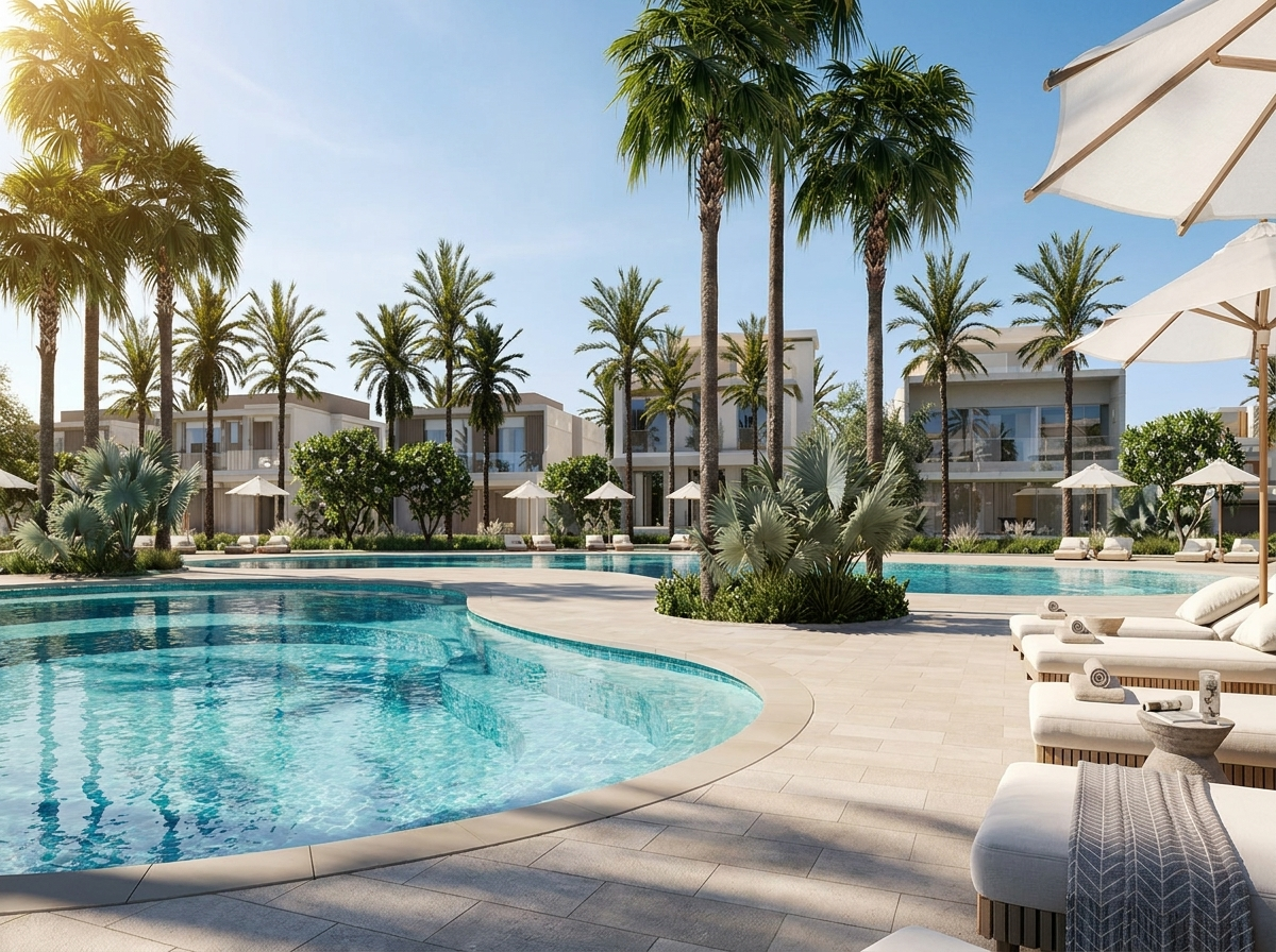 Piscine communautaire et espace détente paysager de la résidence Bay Villas