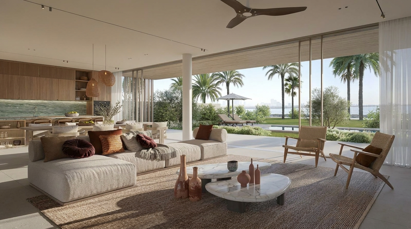 Salon intérieur moderne d'une villa Bay Villas, ambiance chaleureuse et finitions haut de gamme