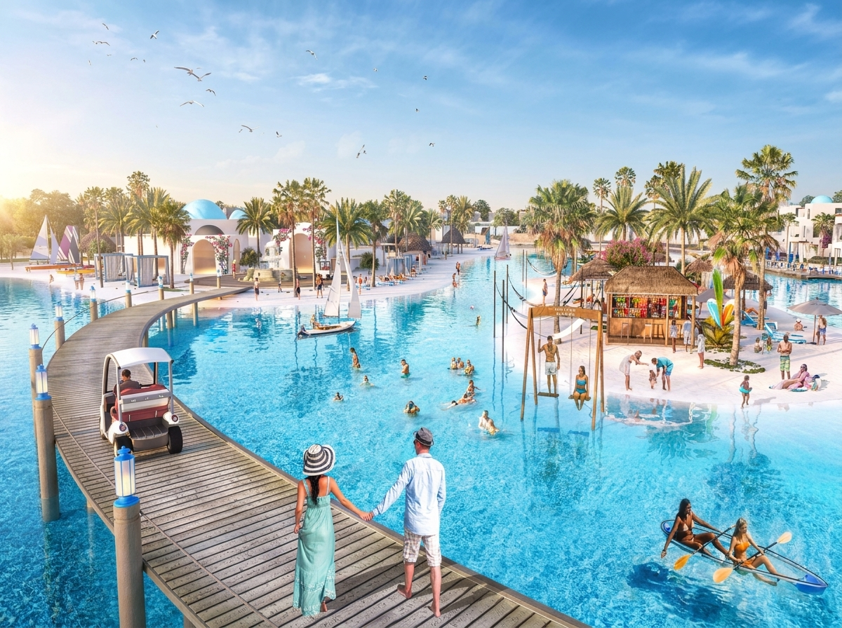 Lagon turquoise et espace amenities aquatique du cluster Antigua à DAMAC Islands 2