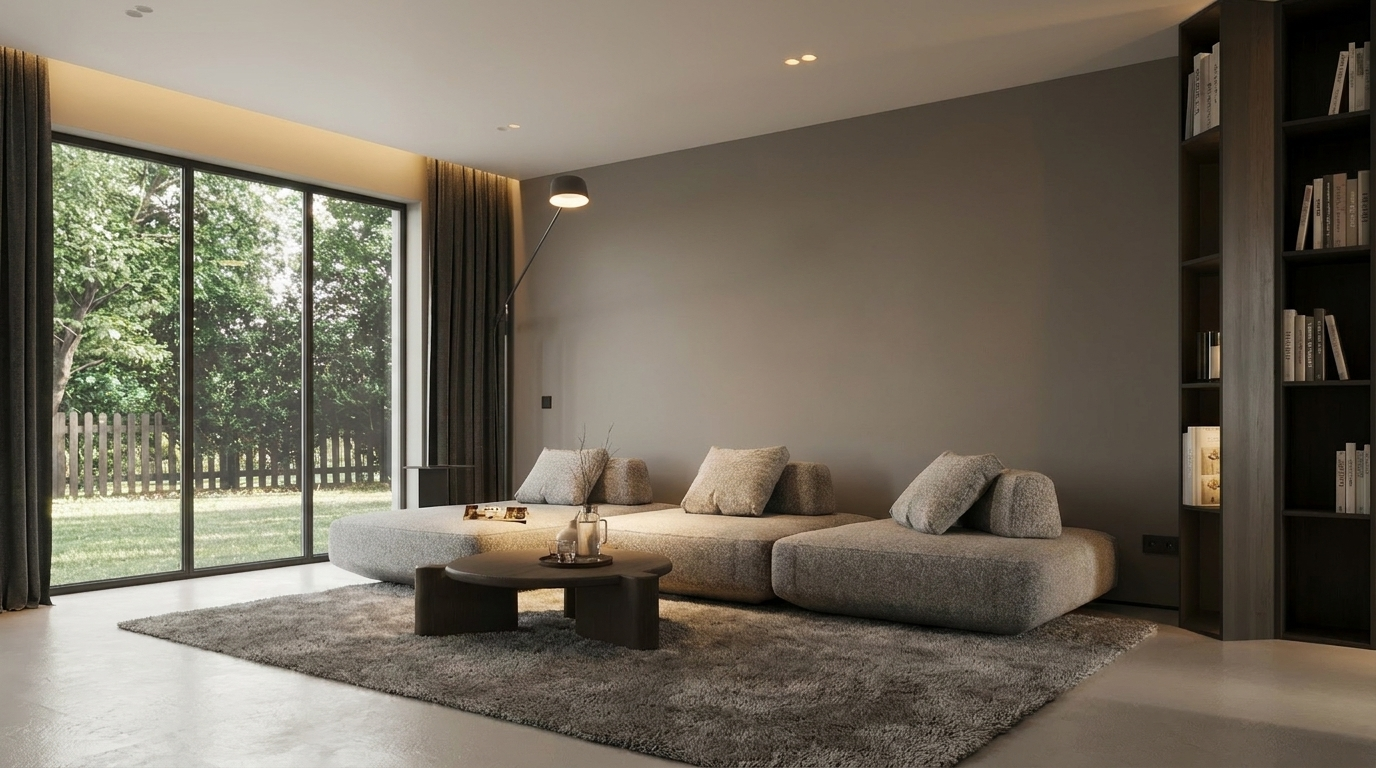Intérieur moderne d'un salon lumineux type townhouse à DAMAC Islands 2, mobilier contemporain et grandes baies vitrées