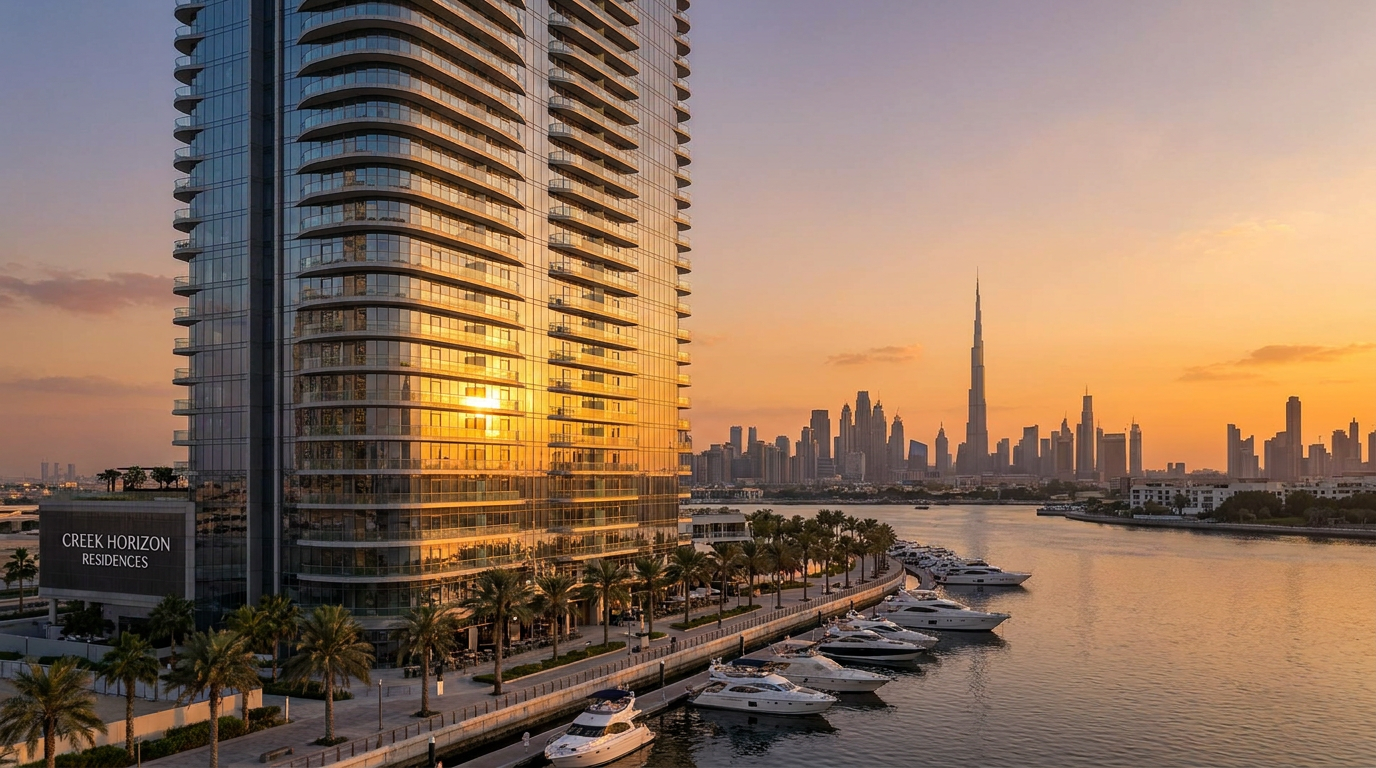 Vue extérieure de la tour Valia à Dubai Creek Harbour