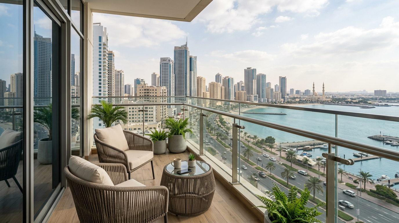 Vue balcon d'un appartement à Al Ghoroub Tower Ajman