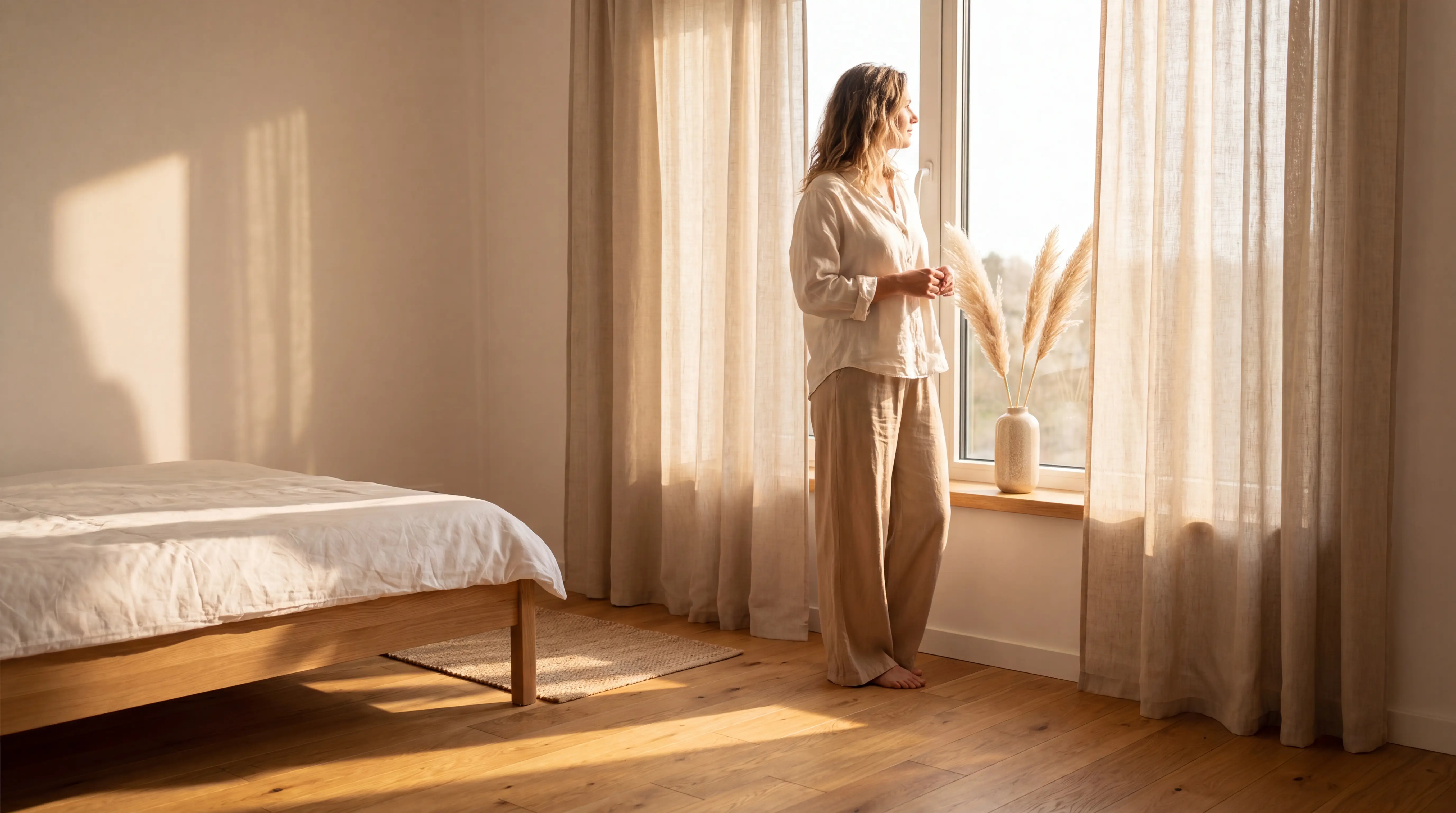 Slow fashion basics — woman in golden-hour bedroom interior wearing natural fabrics