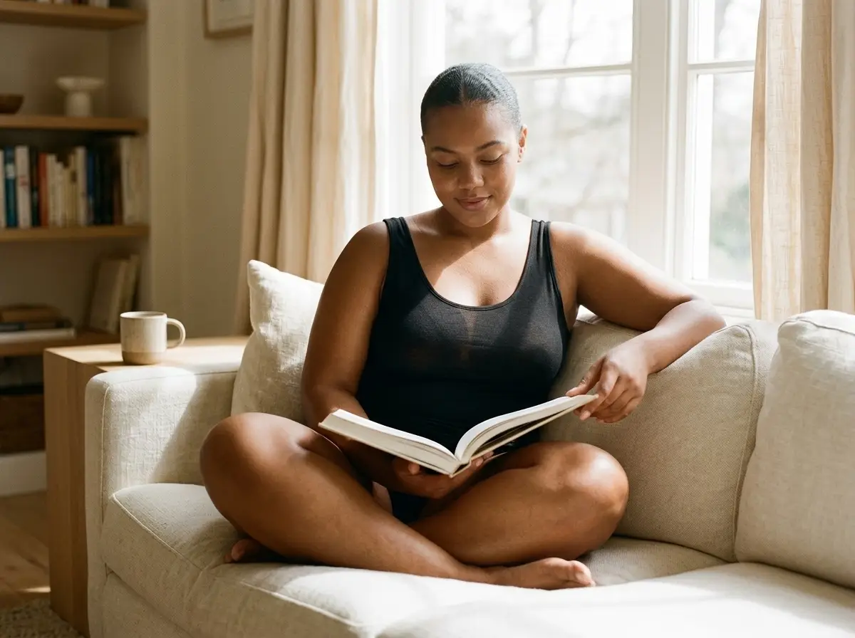 Woman in Boody bamboo scoop-neck tank seated by a bright window
