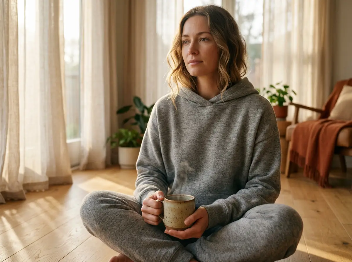Woman in Hanes EcoSmart grey hoodie sitting with a warm mug in morning light