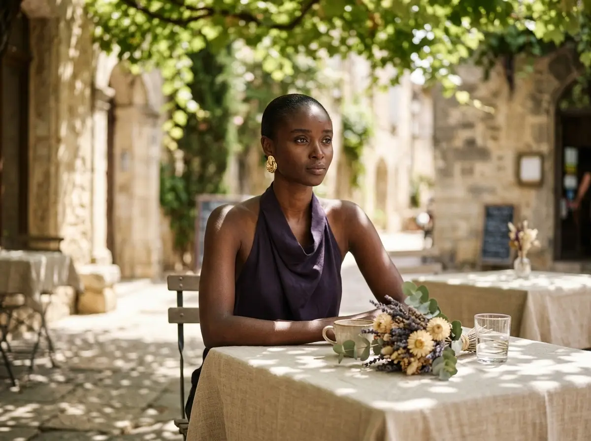 Woman in Ninety Percent Kayla aubergine halterneck top at an outdoor cafe table