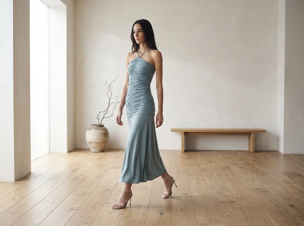 Woman in Ninety Percent Ocarina powder blue midi dress walking through a minimalist room