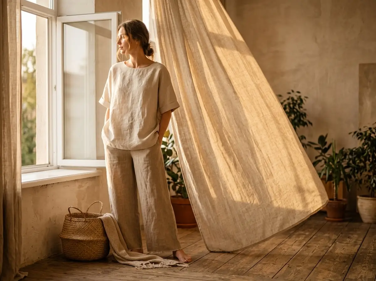 Woman in AmourLinen oversized natural linen top beside a billowing curtain in golden afternoon light