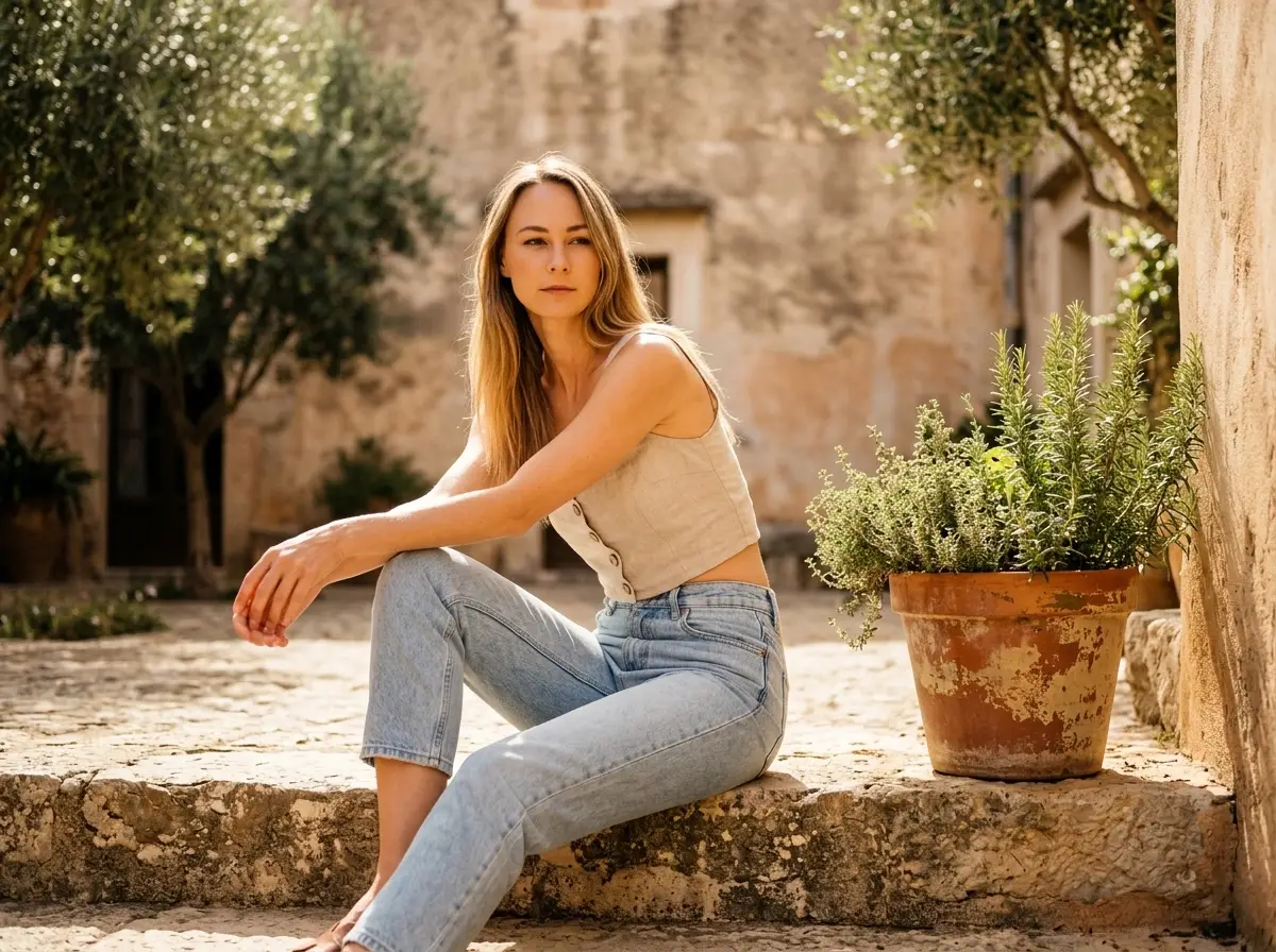Woman in MiliMilu beige linen crop top on a sun-warmed stone step with terracotta herbs