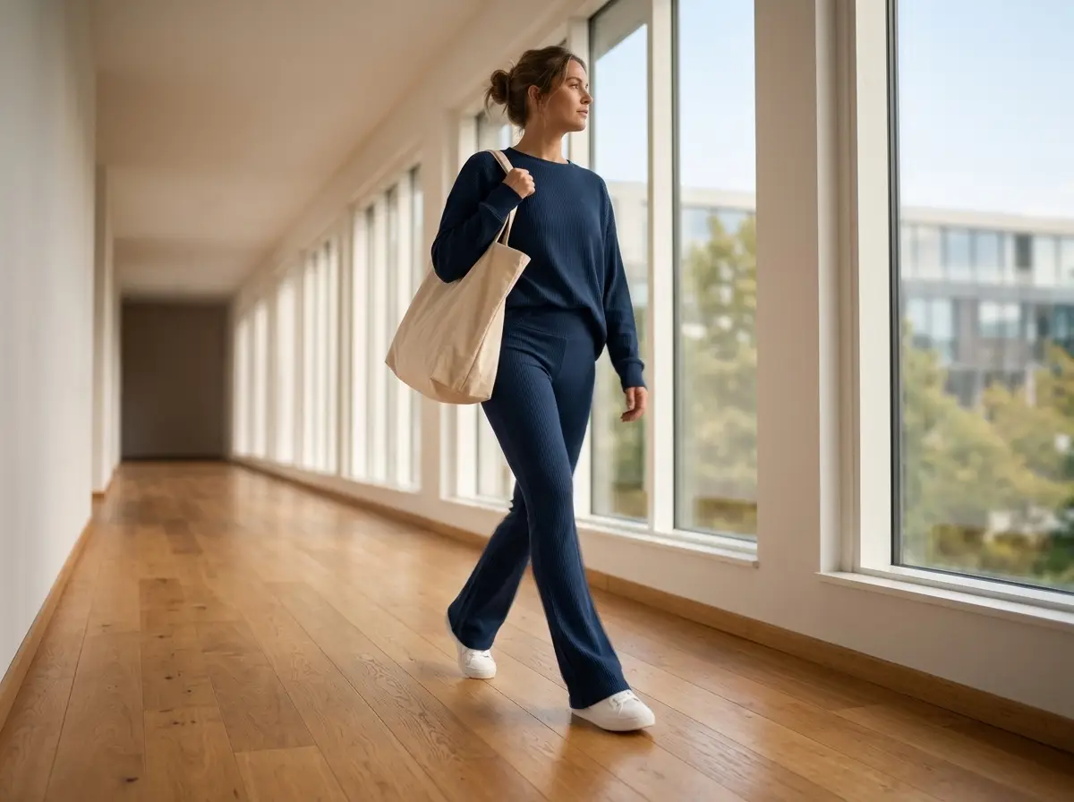 Woman in JJ Winks navy ribbed flare trousers walking through a light-filled corridor