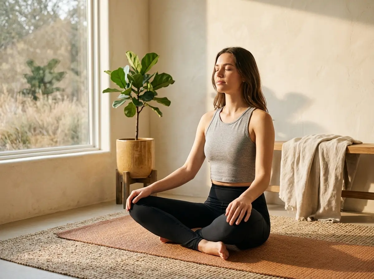 Woman in Satina high-waisted black leggings on a yoga mat in morning light