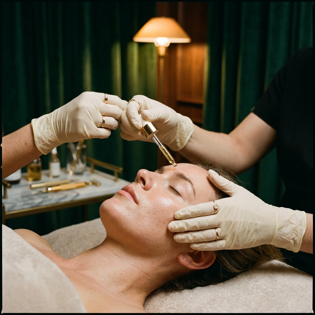 Esthetician performing a facial treatment in warm light