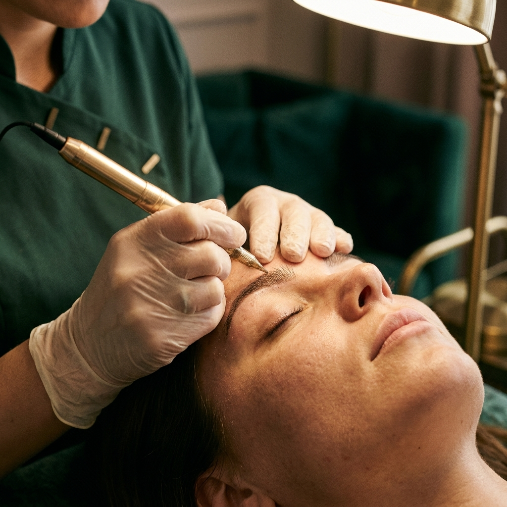 Permanent makeup artist shaping a client's brow