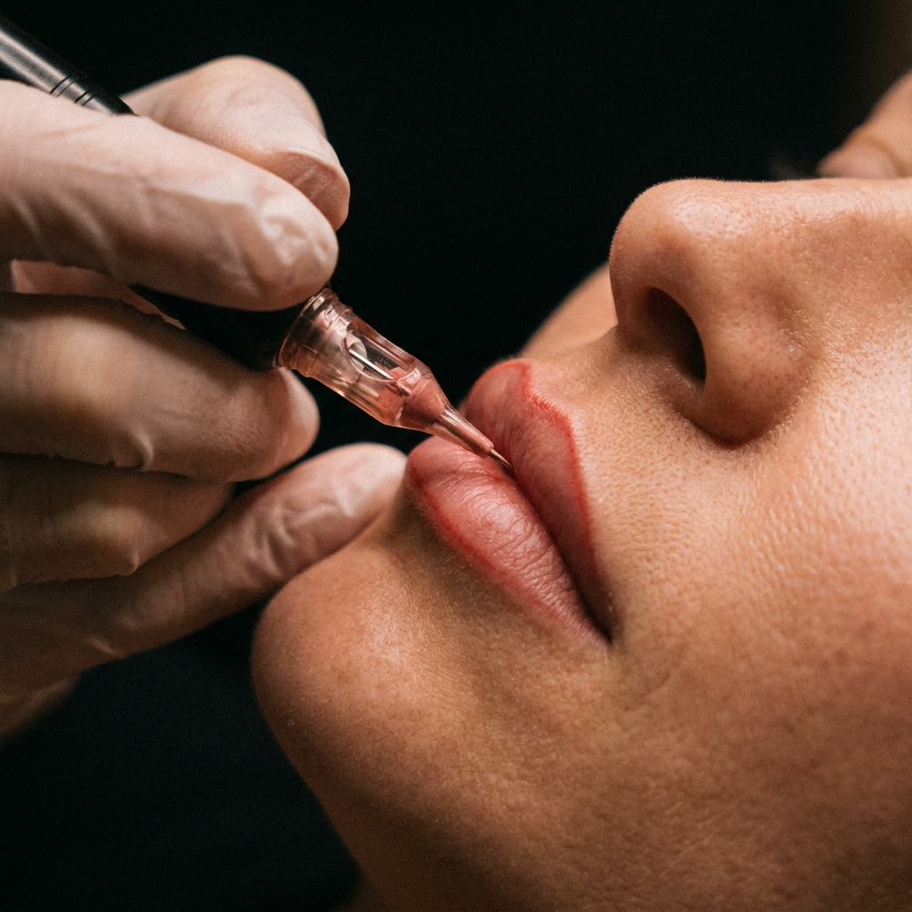 Lip blush treatment in progress