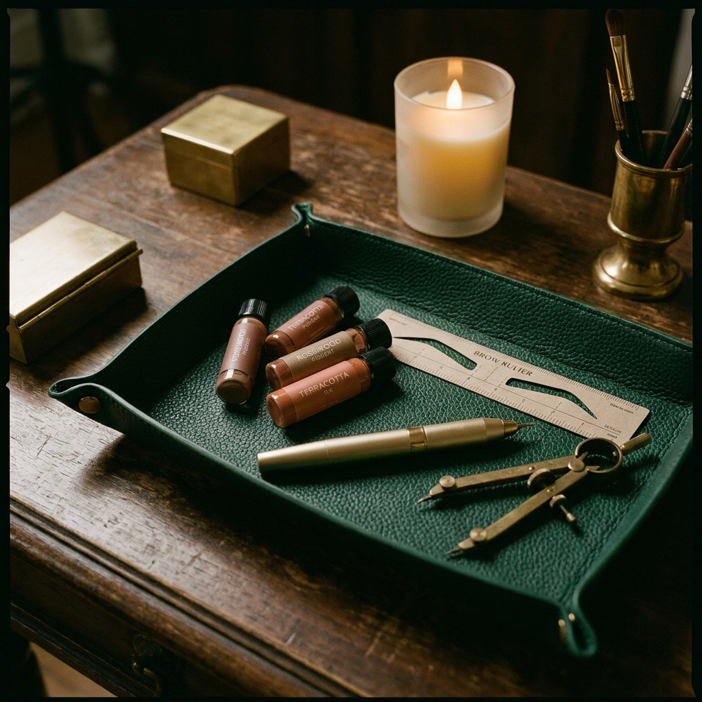 Pigment vials and gold PMU pen on emerald leather
