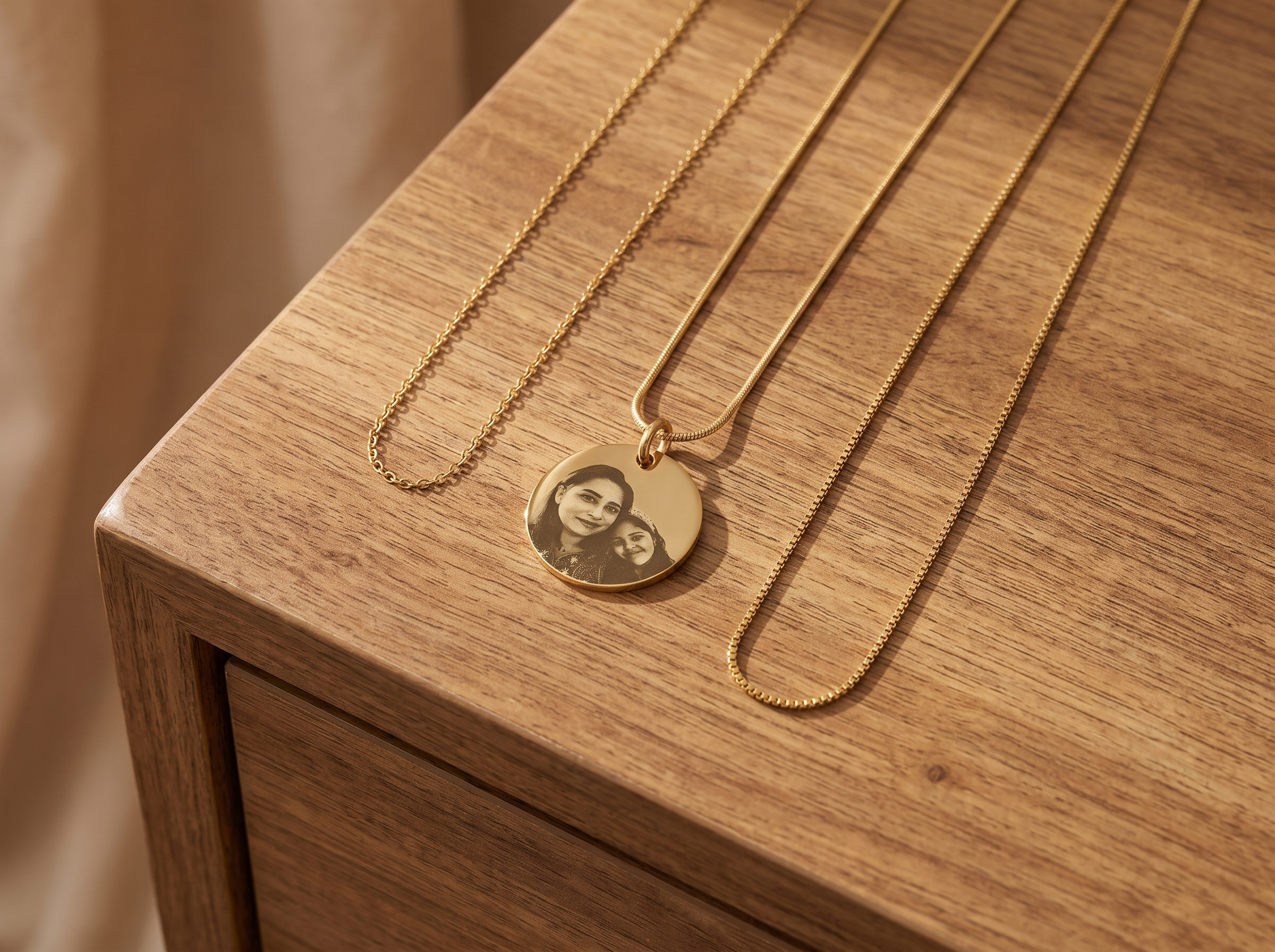 Two chains of clearly different lengths worn together, one with a pendant