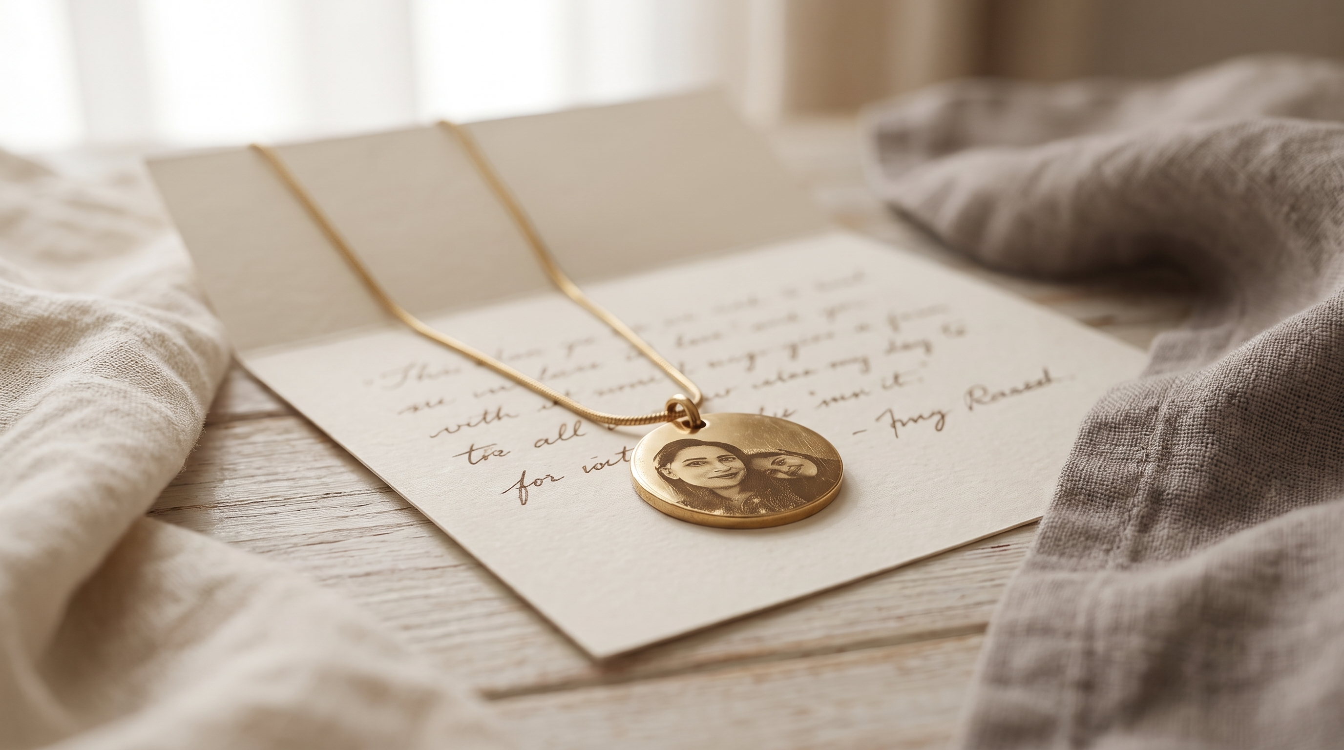 A worn engraved pendant resting on an open handwritten card