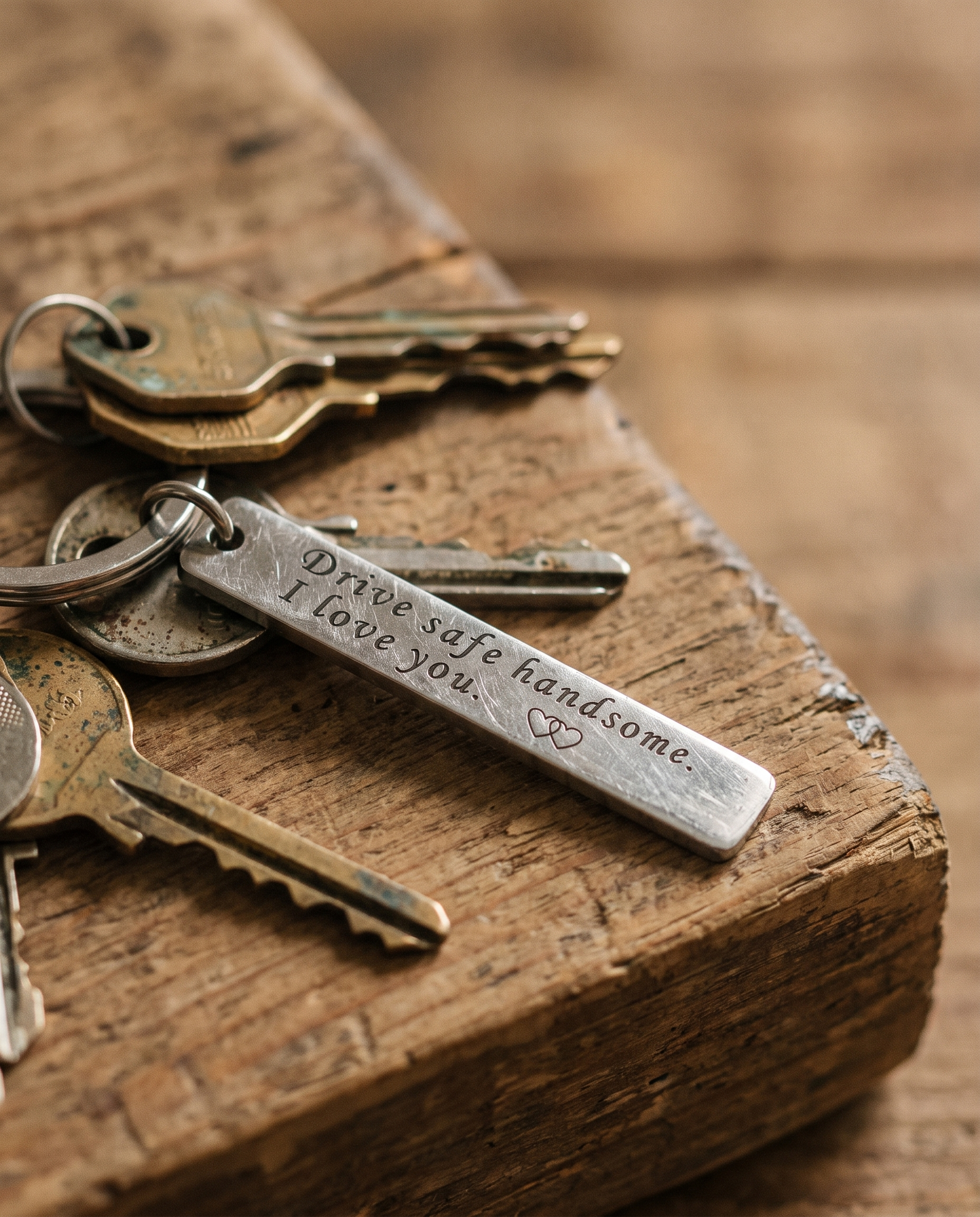 Close-up of engraved names and a date on a slim personalised pendant